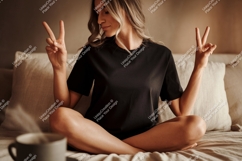 Woman peace sign black t shirt mockup t-shirt Product Image 1