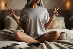 Woman grey t shirt peace sign image Product Image 1