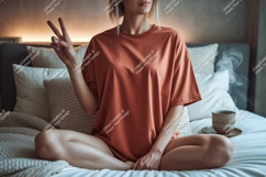 Woman peace sign cozy bedroom image Product Image 1