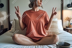 Woman wearing terracotta t shirt peace sign image Product Image 1