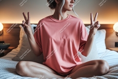 Woman pink shirt peace sign image Product Image 1