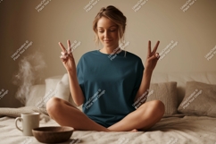 Woman peace gesture teal shirt mockup image Product Image 1