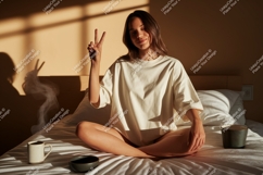 Woman peace sign morning coffee image Product Image 1