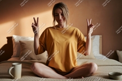 Woman meditating peace gesture in bedroom image Product Image 1