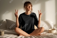 Woman peace gesture black shirt mockup Product Image 1