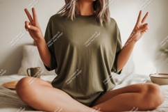 Woman wearing olive green t shirt peace sign image Product Image 1