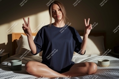 Woman wearing navy t shirt peace sign image Product Image 1