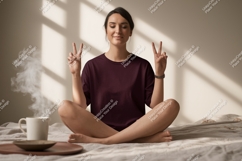 Woman peace gesture meditation steam image Product Image 1