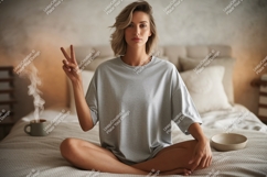 Woman peace gesture morning coffee image Product Image 1