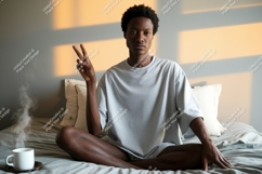 Man peace gesture morning light image Product Image 1