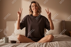 Woman peace sign gesture on bed with coffee Product Image 1
