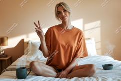 Woman peace sign orange shirt mockup image Product Image 1
