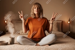 Woman peace gesture orange shirt image Product Image 1