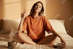 Woman peace gesture morning beverage image Product Image 1