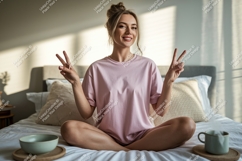 Woman peace sign pajama mockup pink Product Image 1