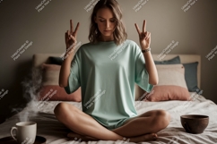 Woman peaceful pose mint shirt image Product Image 1