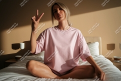 Young woman peace sign pink t shirt mockup image Product Image 1