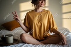 Woman peace gesture in yellow shirt Product Image 1