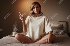 Woman peace sign morning coffee image Product Image 1