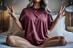 Woman wearing maroon t-shirt showing peace sign image Product Image 1