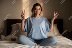 Woman peaceful gesture blue shirt image Product Image 1