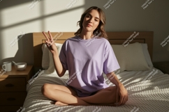 Woman peace sign relaxed bedroom image Product Image 1