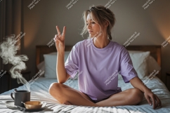 Woman peace gesture morning coffee image Product Image 1