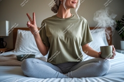 Woman peace sign holding coffee image Product Image 1