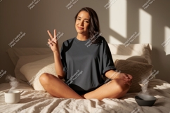 Woman peace sign dark t shirt mockup image Product Image 1