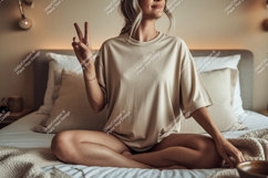 Woman wearing beige t-shirt peace sign Product Image 1