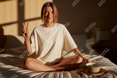 Woman peace sign morning coffee image Product Image 1