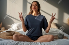 Woman meditating in bed with peace signs Product Image 1