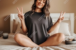 Woman peace gesture dark t shirt mockup image Product Image 1