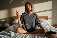 Woman wearing grey t shirt peace gesture image Product Image 1
