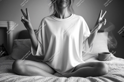 Woman peace sign white t shirt mockup image Product Image 1