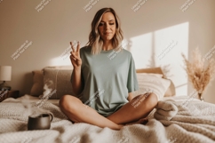 Woman peace sign cozy bedroom image Product Image 1