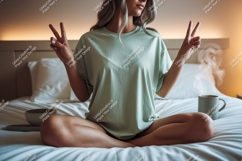Woman peace sign morning beverage image Product Image 1