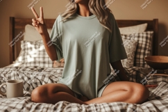 Woman peace sign light green shirt mockup image Product Image 1