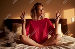 Woman wearing red shirt peace sign image Product Image 1