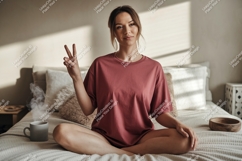 Woman peace gesture with coffee image Product Image 1