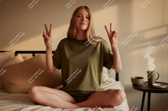 Woman peace gesture in casual outfit image Product Image 1