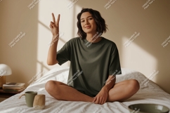 Woman peace gesture green shirt mockup image Product Image 1