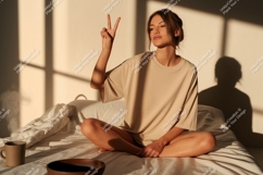 Woman peace gesture in sunlit room light Product Image 1
