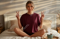 Woman peace sign cozy bedroom mockup image Product Image 1