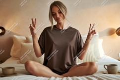Woman peace gesture relaxed pose image Product Image 1