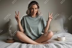 Woman peace sign casual t shirt mockup image Product Image 1