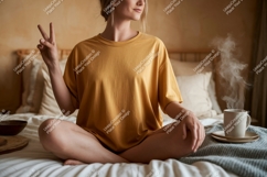 Woman peace gesture warm beverage mockup image Product Image 1