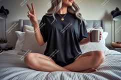Woman wearing black t shirt holding mug image Product Image 1