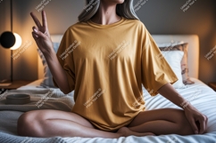 Woman wearing mustard t shirt peace sign image Product Image 1