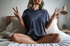 Woman wearing dark blue t shirt peace sign image Product Image 1